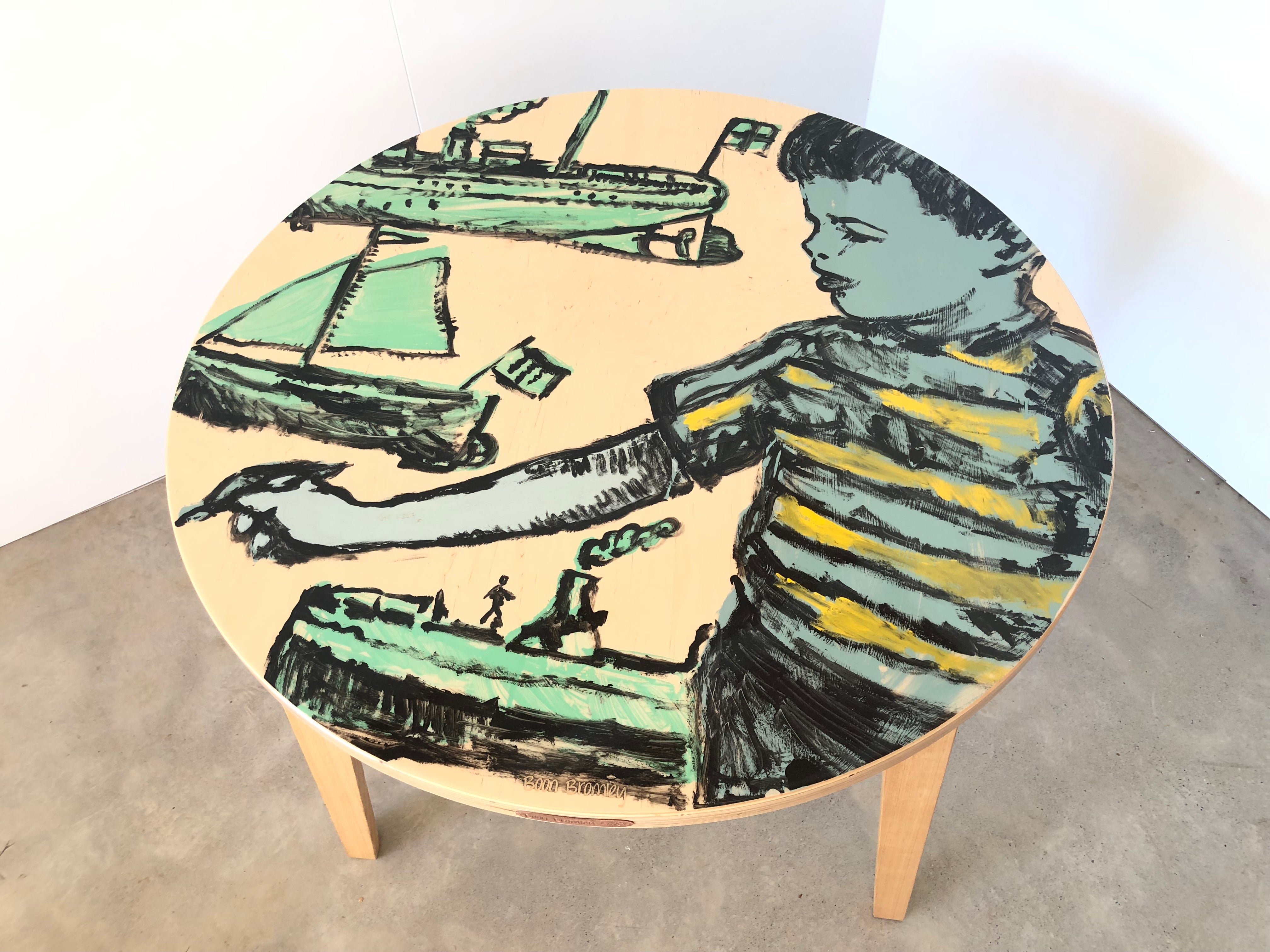 'Boy and Boats' Hand Painted 120cm Round Table.  #118