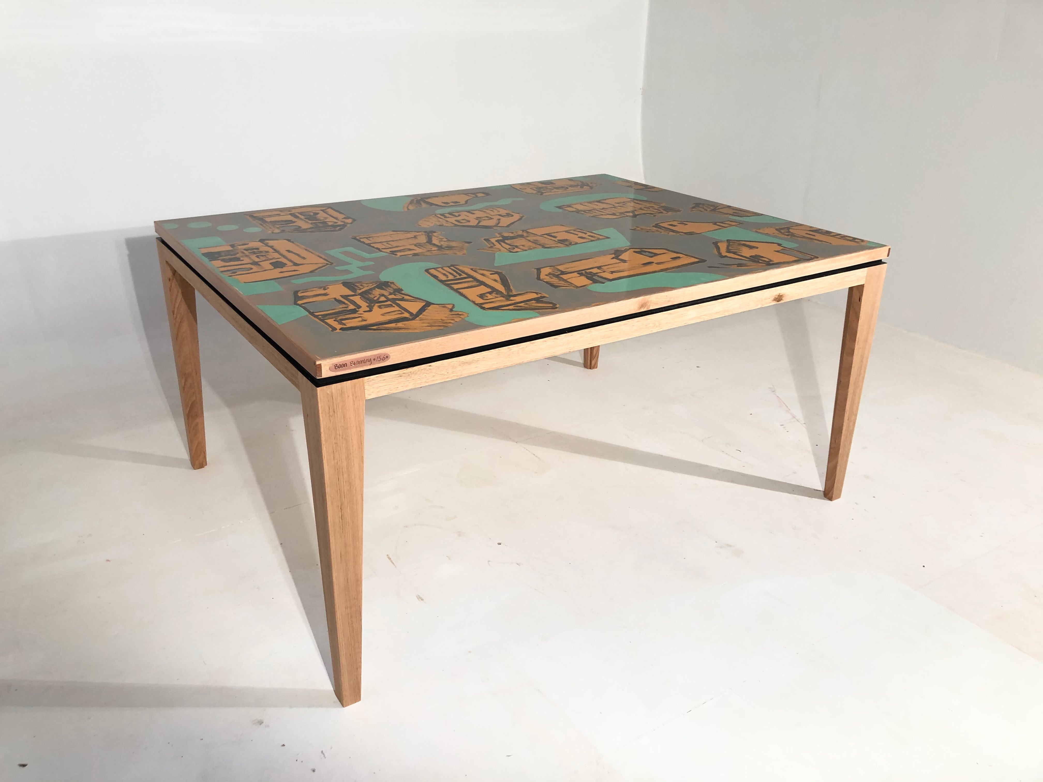 'Houses' Hand Painted Hardwood Dining Table. #156