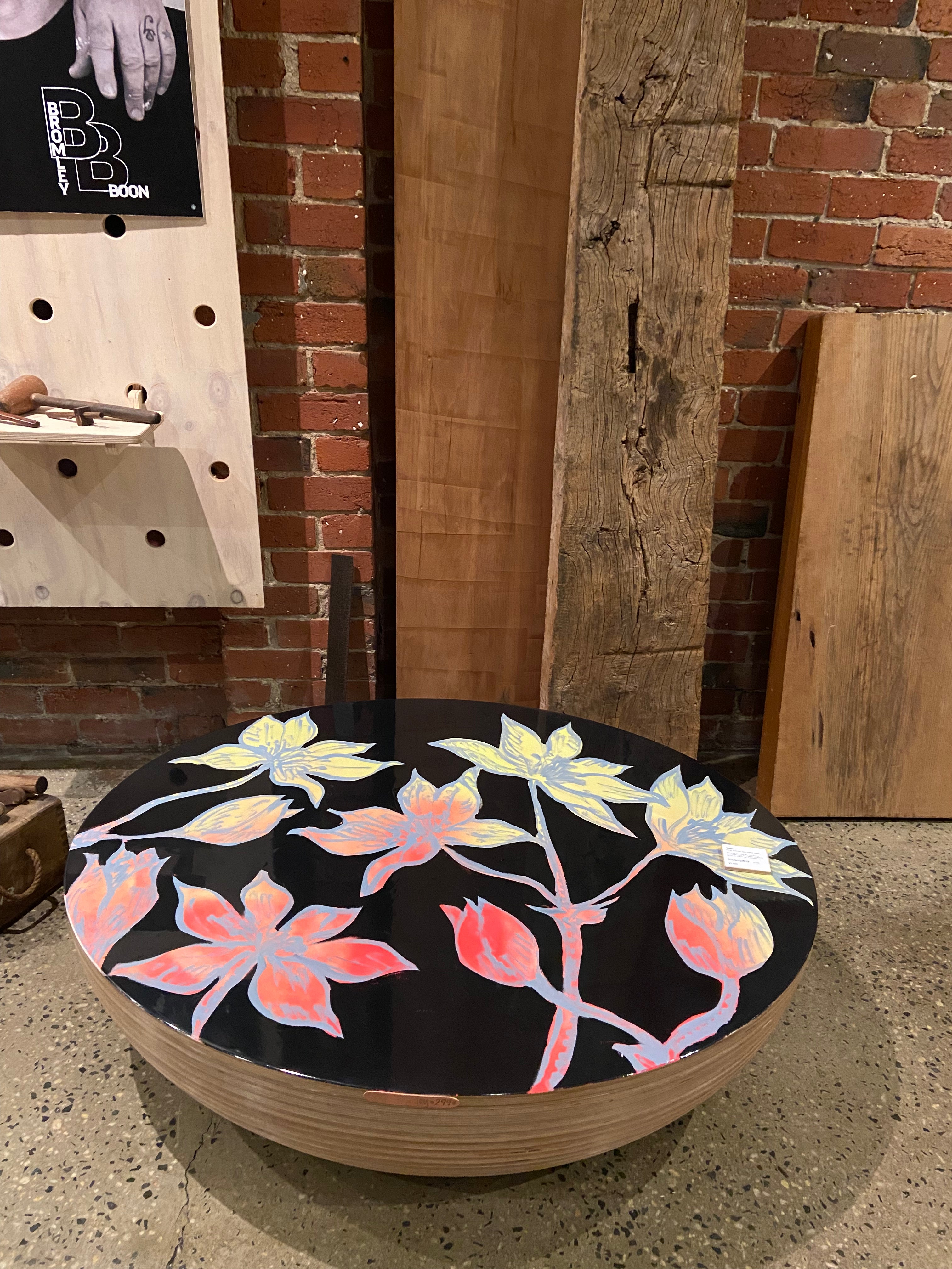 #299  ' Fire Flowers in Black' Hand painted egg coffee table