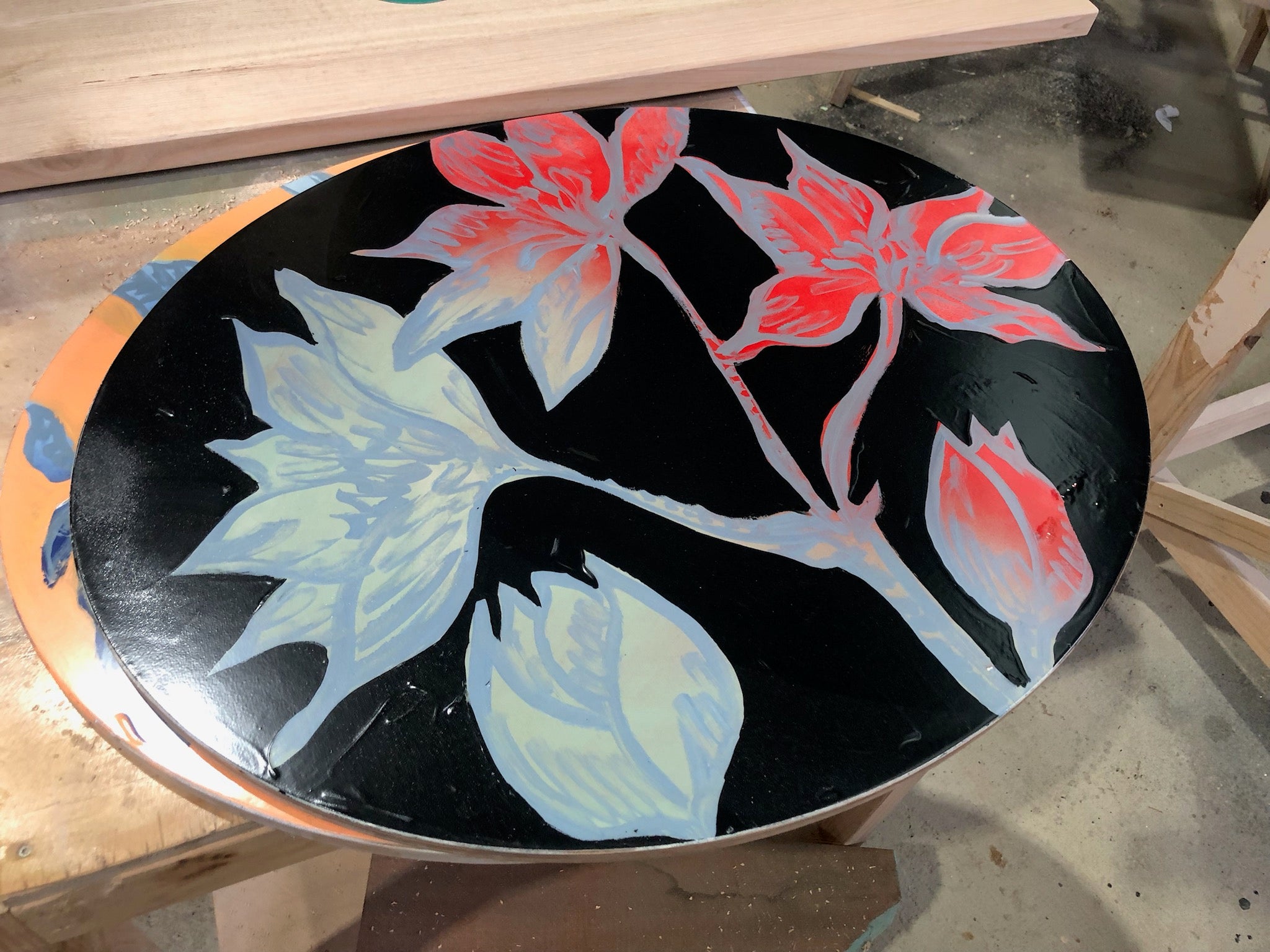'Red and Blue Magnolias' Hand painted Mini egg coffee table. #307
